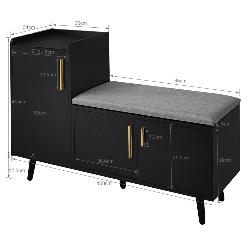 Panca portascarpe 100x34x69 cm in truciolare e metallo, nera, 3 ante, seduta imbottita