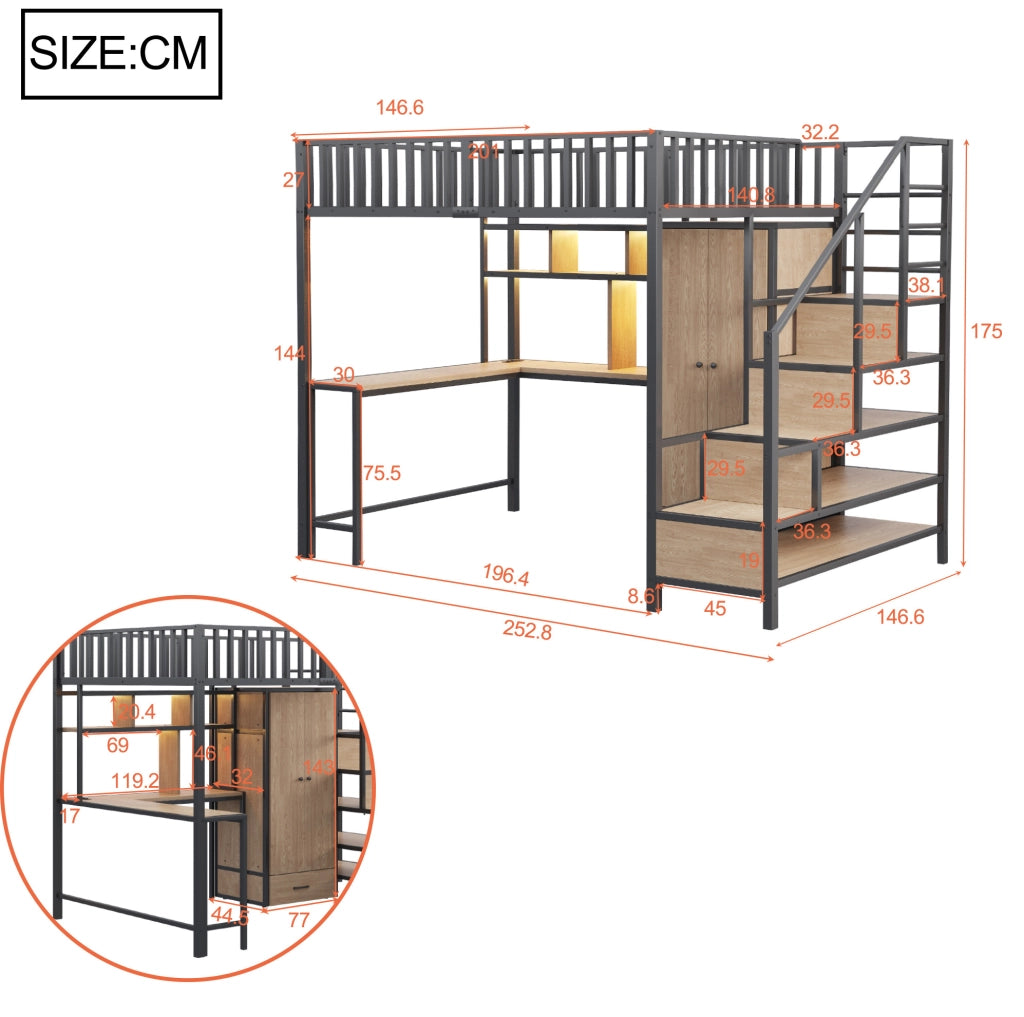 Letto a soppalco 140 × 200 cm con scrivania; armadio; LED; USB e Type-C; nero