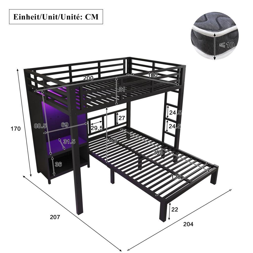 Letto a castello in metallo nero 120 x 200 cm con armadio integrato e luce LED per cameretta