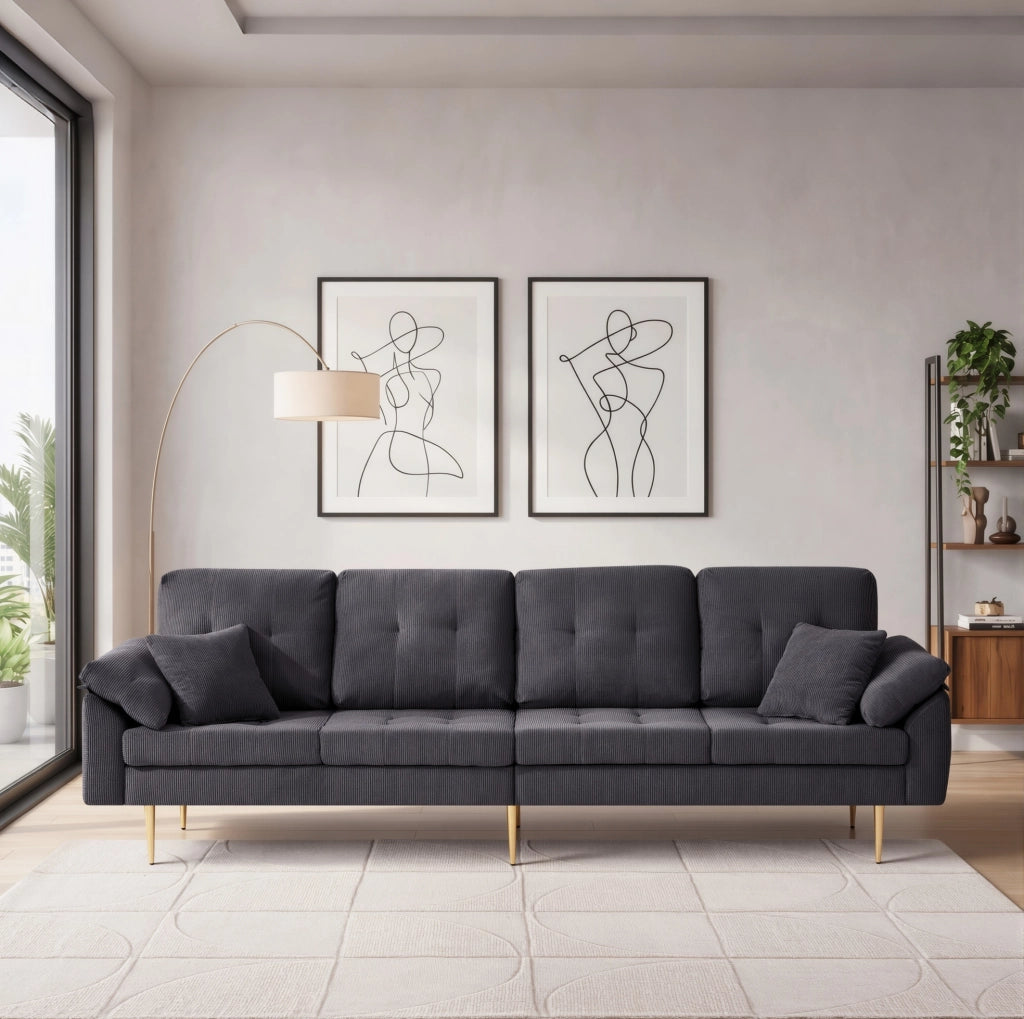 Divano 4 posti in velluto a coste grigio scuro con pouf mobile, 250 cm