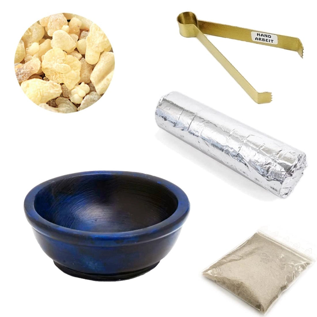 Set per l'incenso, completo di contenitore, 50g di incenso, carbone e pinzette