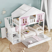 Letto a castello per bambini 90x200 cm con letto estraibile; pino e MDF; bianco e rosa
