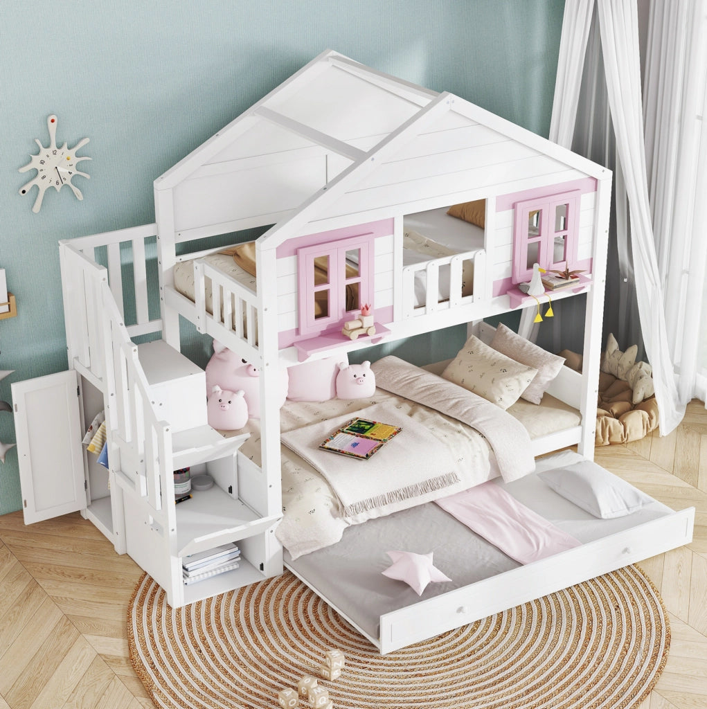 Letto a castello per bambini 90x200 cm con letto estraibile; pino e MDF; bianco e rosa