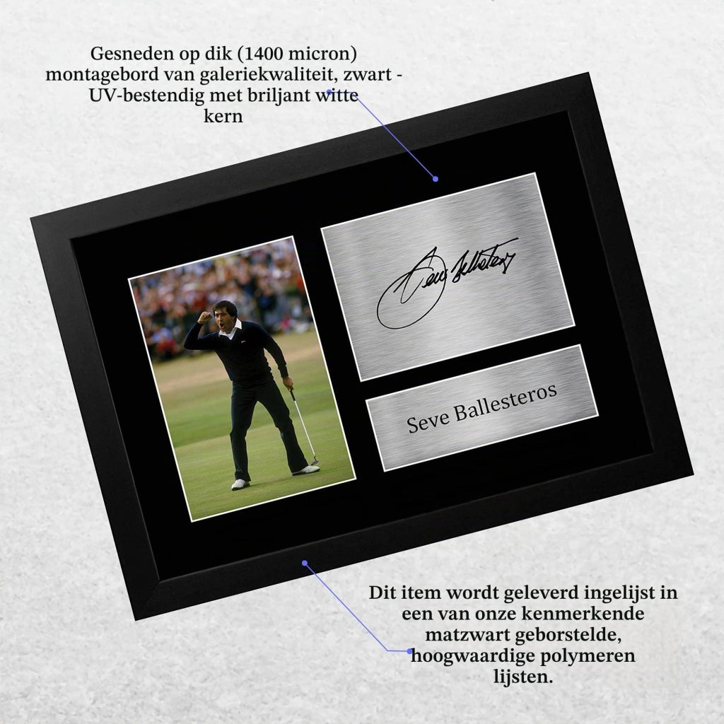 Fotografie A4 incorniciate, con la firma di Seve Ballesteros, dimensioni 29,7x21 cm