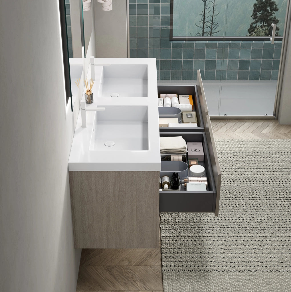 Mobile bagno sospeso ULEVR 140 cm con 2 lavabi in resina, 2 cassetti e 2 vani aperti, effetto rovere chiaro e bianco