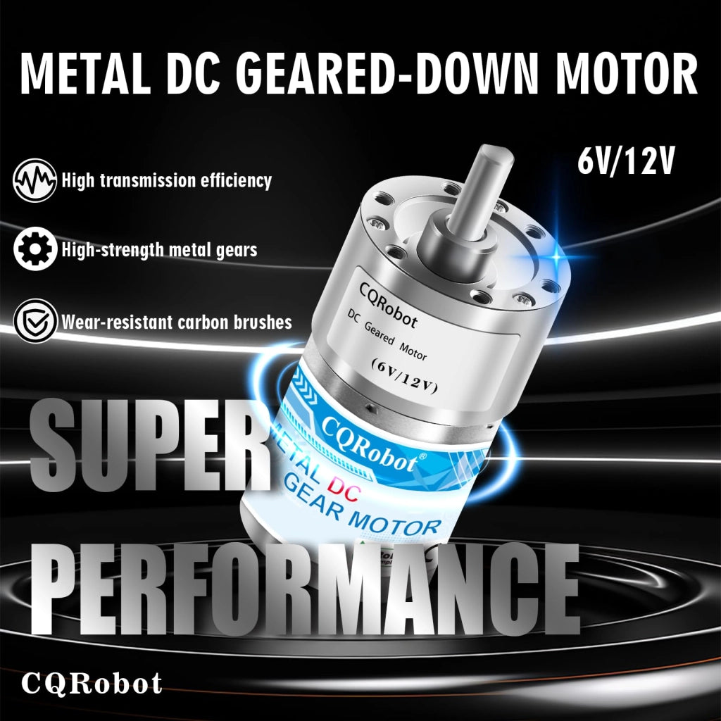 Motore a ingranaggi con rapporto 70:1, dimensioni 37x54,8 mm, tensione 6V/12V, velocità 75/150 giri al minuto, coppia 15/27 kg.cm