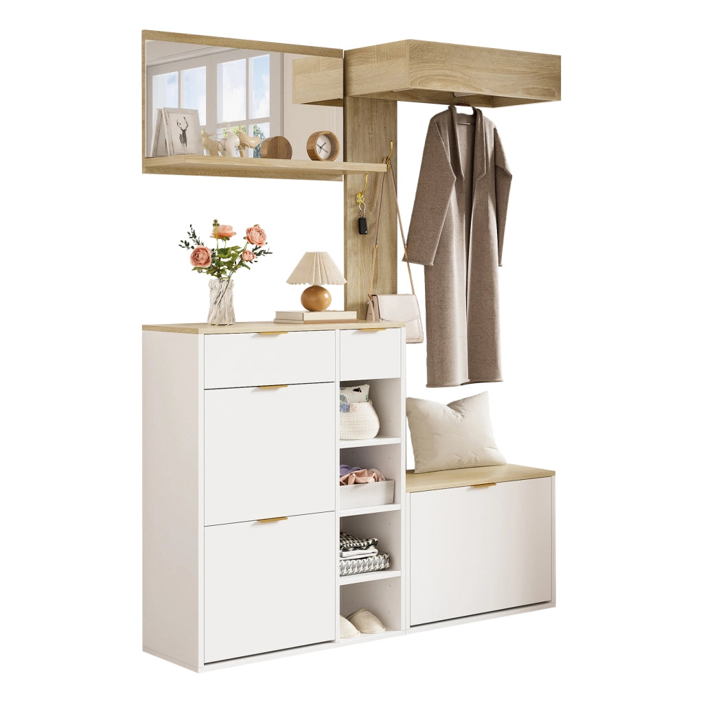 Mobile Ingresso 4 Pezzi con Scarpiera e Panca - 130x30x174 cm - Bianco Naturale