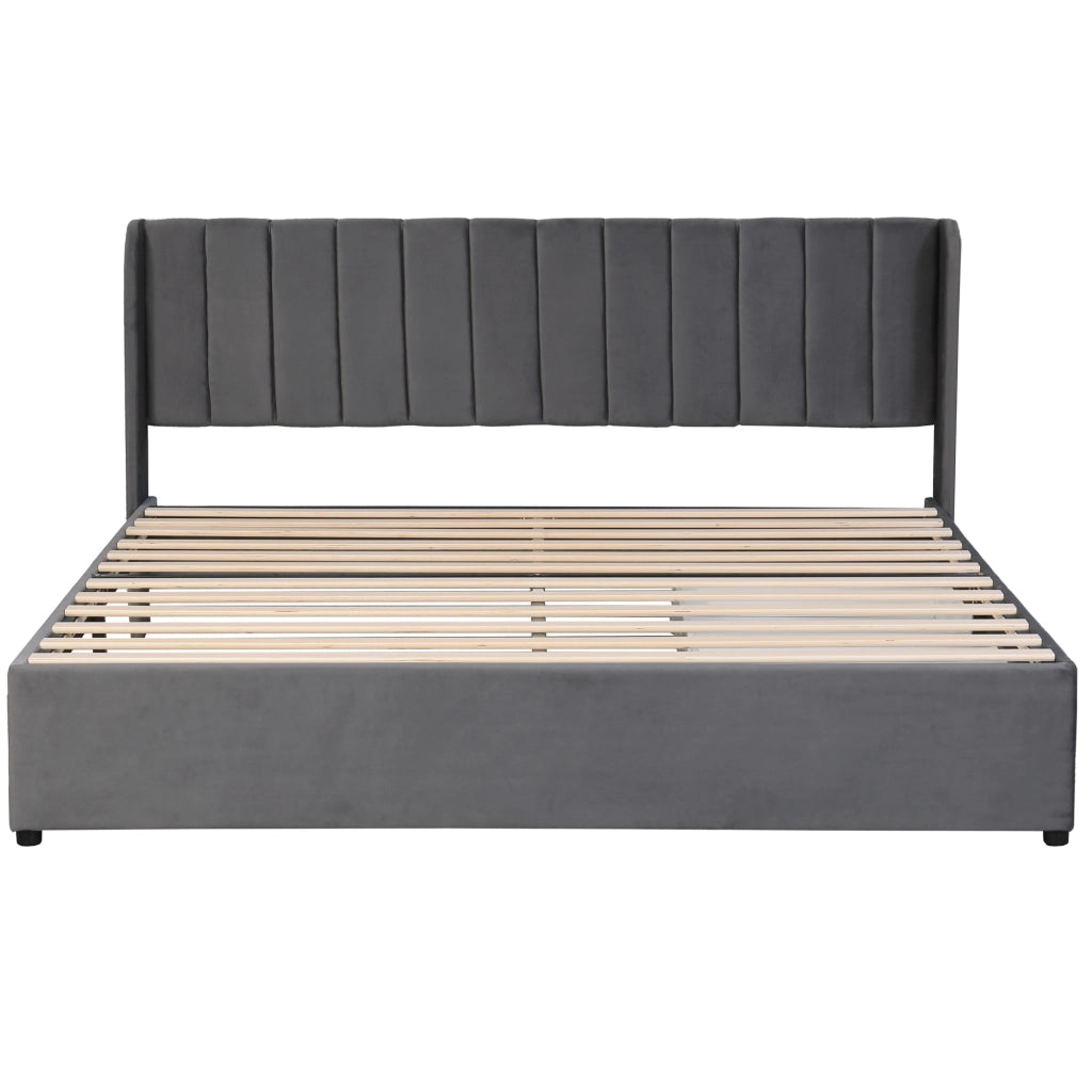 Letto matrimoniale imbottito 180x200 in velluto grigio con rete a doghe e 2 cassetti