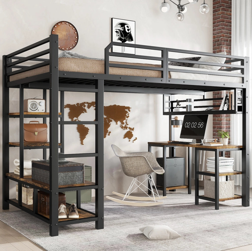 Letto a soppalco 120x200 cm con scrivania e ripiano in metallo e truciolare; nero noce scuro