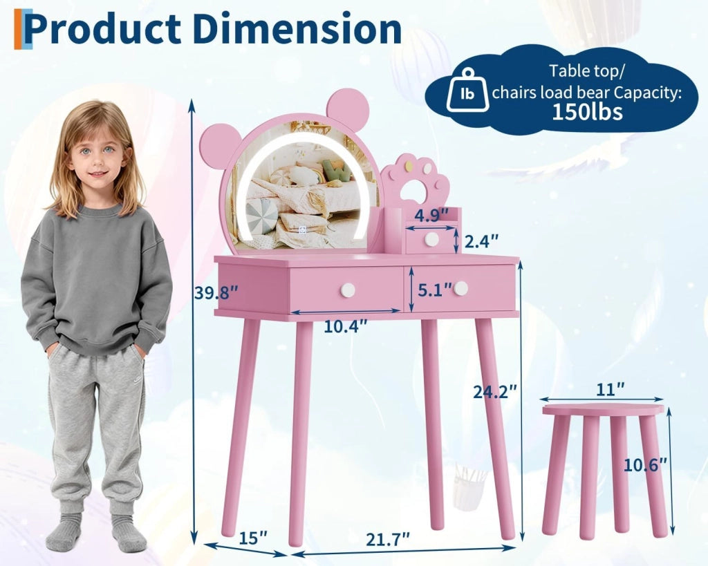 Toilette per Bambine in Legno con Specchio Orso Luminoso LED e Sgabello - Tavolo da Trucco Principessa con Cassetti di Ricovero