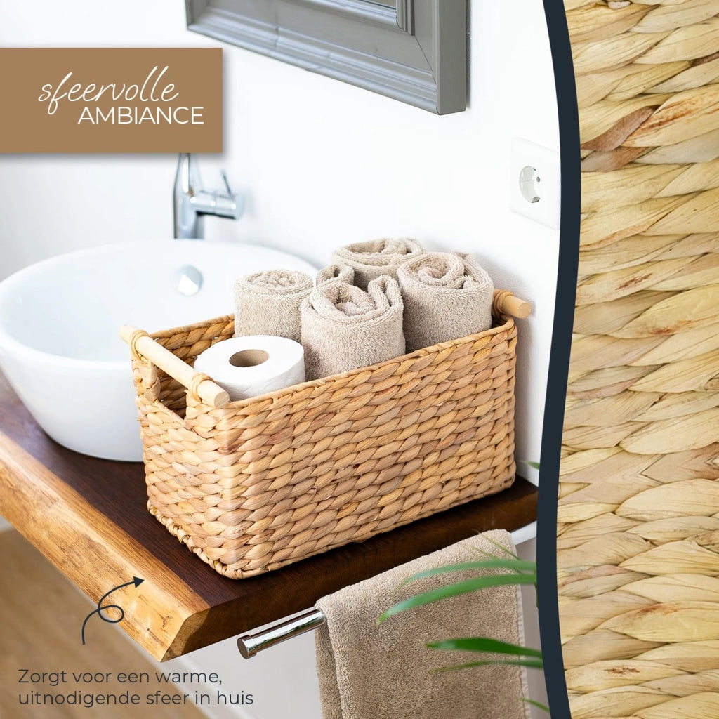 Cesto portaoggetti in ippoporo con manici in legno, dimensioni 37x22x20 cm