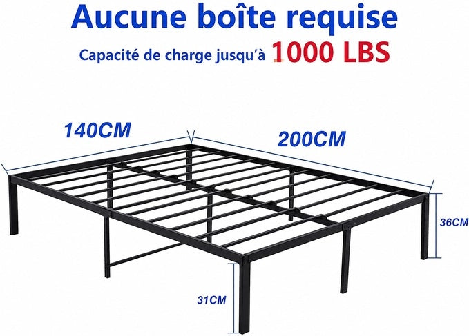 Letto matrimoniale IVMEU 140x200 cm in metallo nero, con doghe in acciaio e spazio sotto il letto