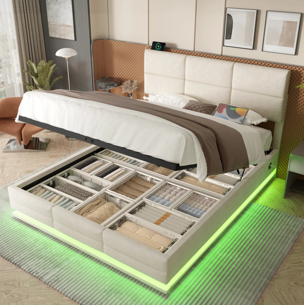Letto contenitore beige 180 x 200 cm in velluto con testiera regolabile