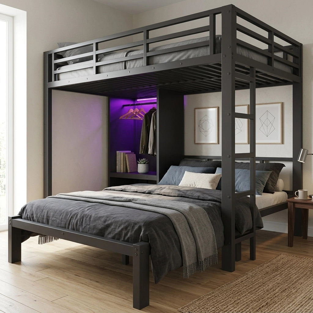 Letto a castello in metallo nero 120 x 200 cm con armadio integrato e luce LED per cameretta