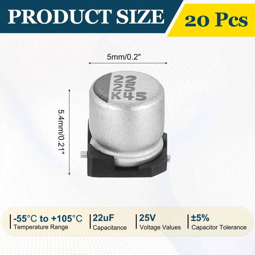 Condensatori elettrolitici in alluminio, 22 µF, 25 V, dimensioni 5x5,4 mm, confezione da 20 pezzi.