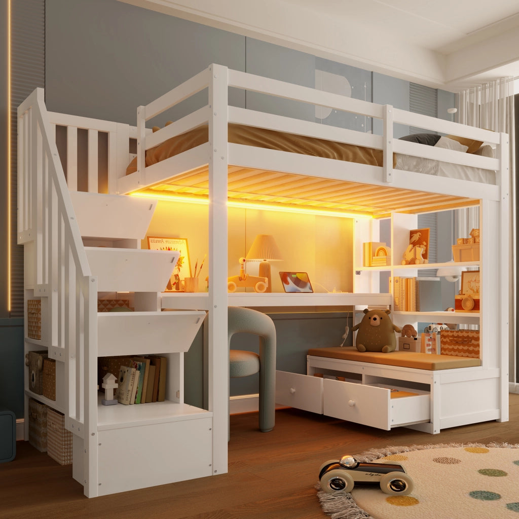 Letto a soppalco 90x200 con scrivania; scala contenitore e 2 cassetti; in pino e MDF; bianco