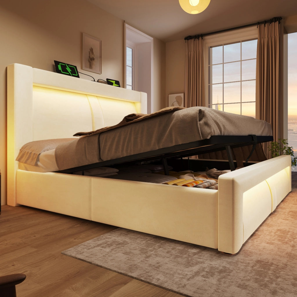 Letto contenitore 160 ¡Á 200 cm con LED e porte USB Type-C rivestito in velluto grigio