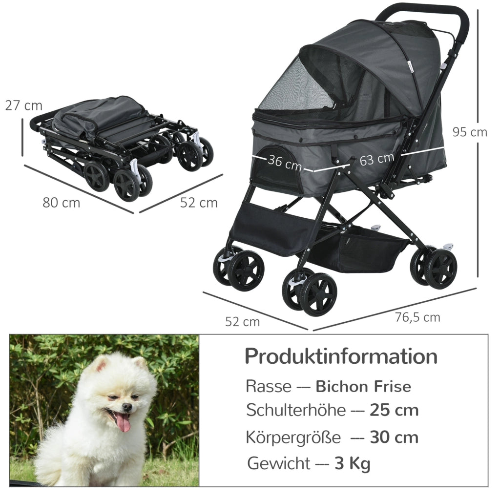 PASSEGGINO per cani piccoli pieghevole 76,5 x 52 x 95 cm poliestere grigio scuro
