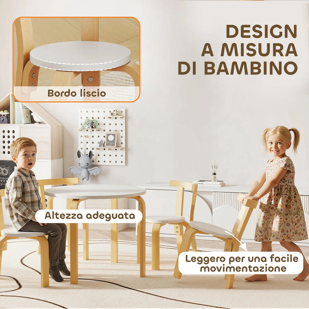 Set Tavolo e Sedie per Bambini 3-8 Anni 5 Pezzi in Legno Bianco con Angoli Arrotondati Robusto per Cameretta e Casa
