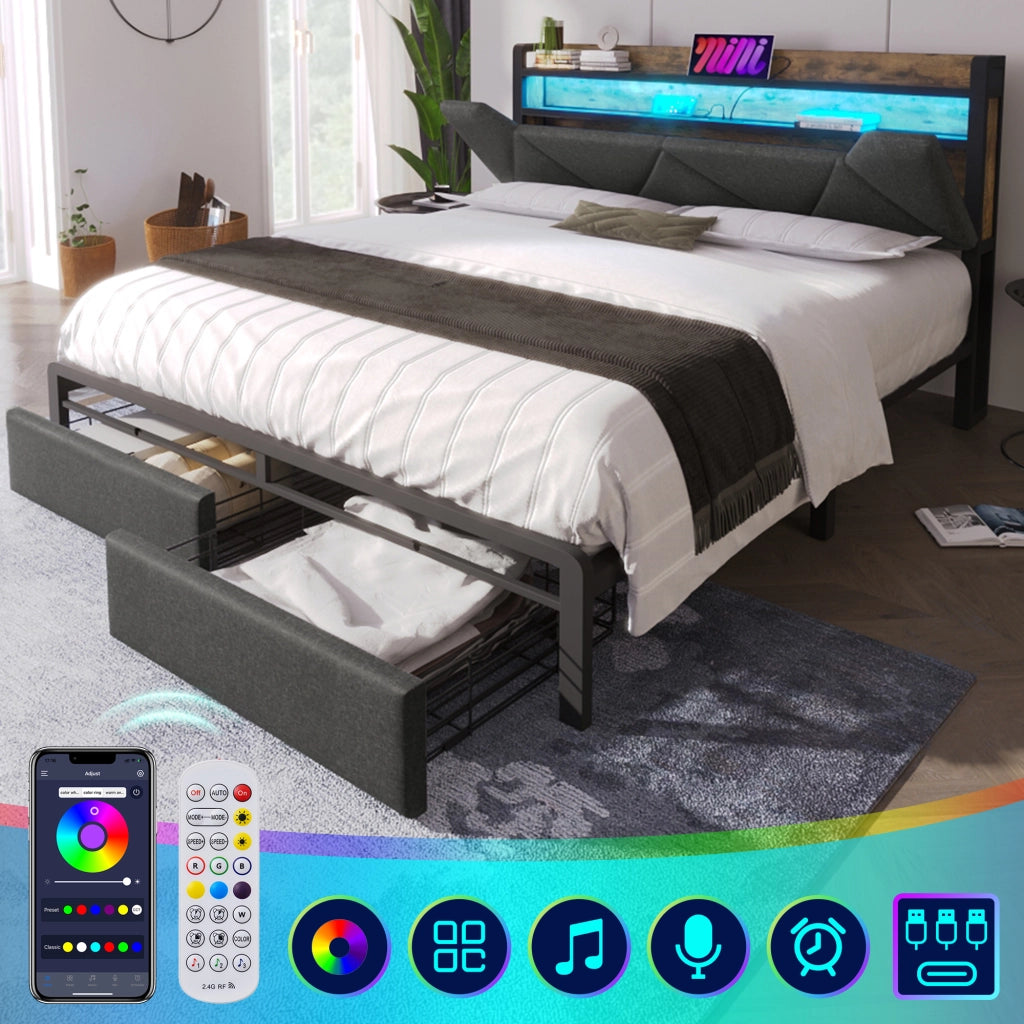 Letto con cassetti 140 ¡Á 200 cm con testiera contenitore LED; porte USB e Type-C; rivestito in lino grigio