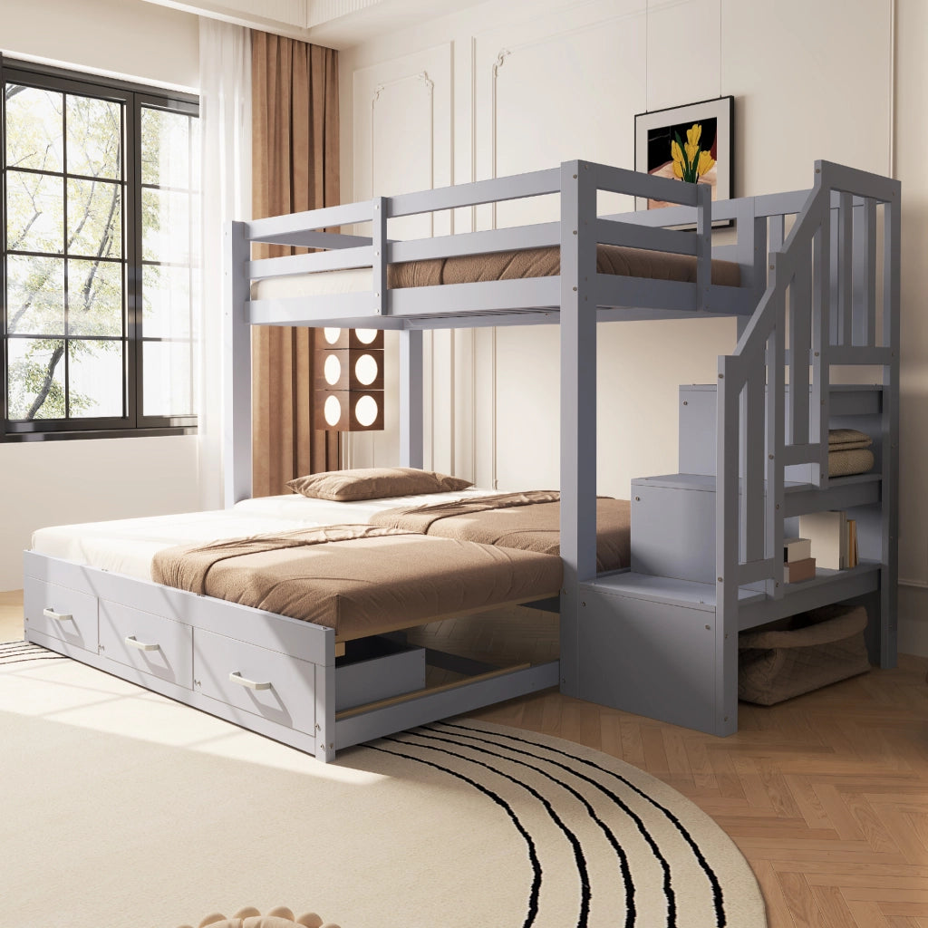 Letto a castello ULEVR 90x200 cm con letto estraibile 90/180x190 cm, 3 cassetti e scala contenitore, grigio