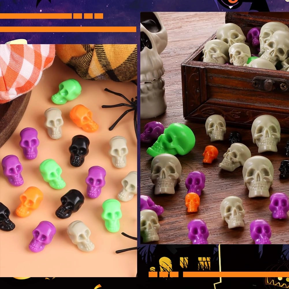 150 mini teschi di Halloween, 6 colori, 3 dimensioni, in plastica