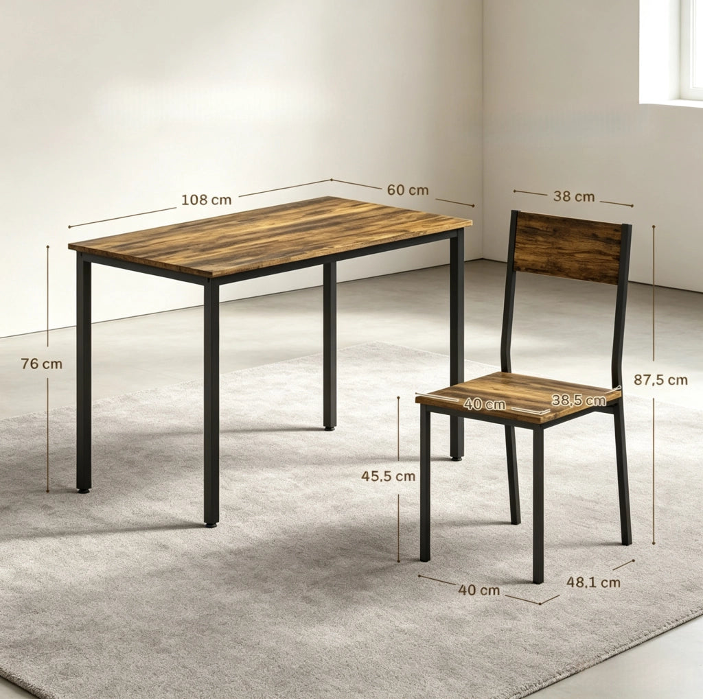 Set da pranzo 5 pezzi con tavolo rettangolare 108x60 cm e 4 sedie rustico marrone e nero