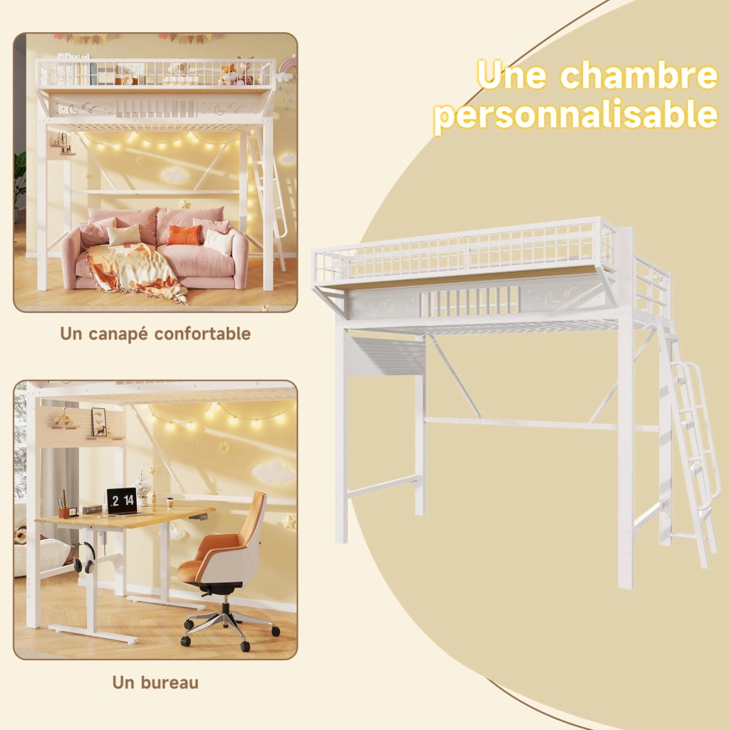 Letto a soppalco in metallo 90x200 cm con ripiani e vano aperto, senza materasso, bianco