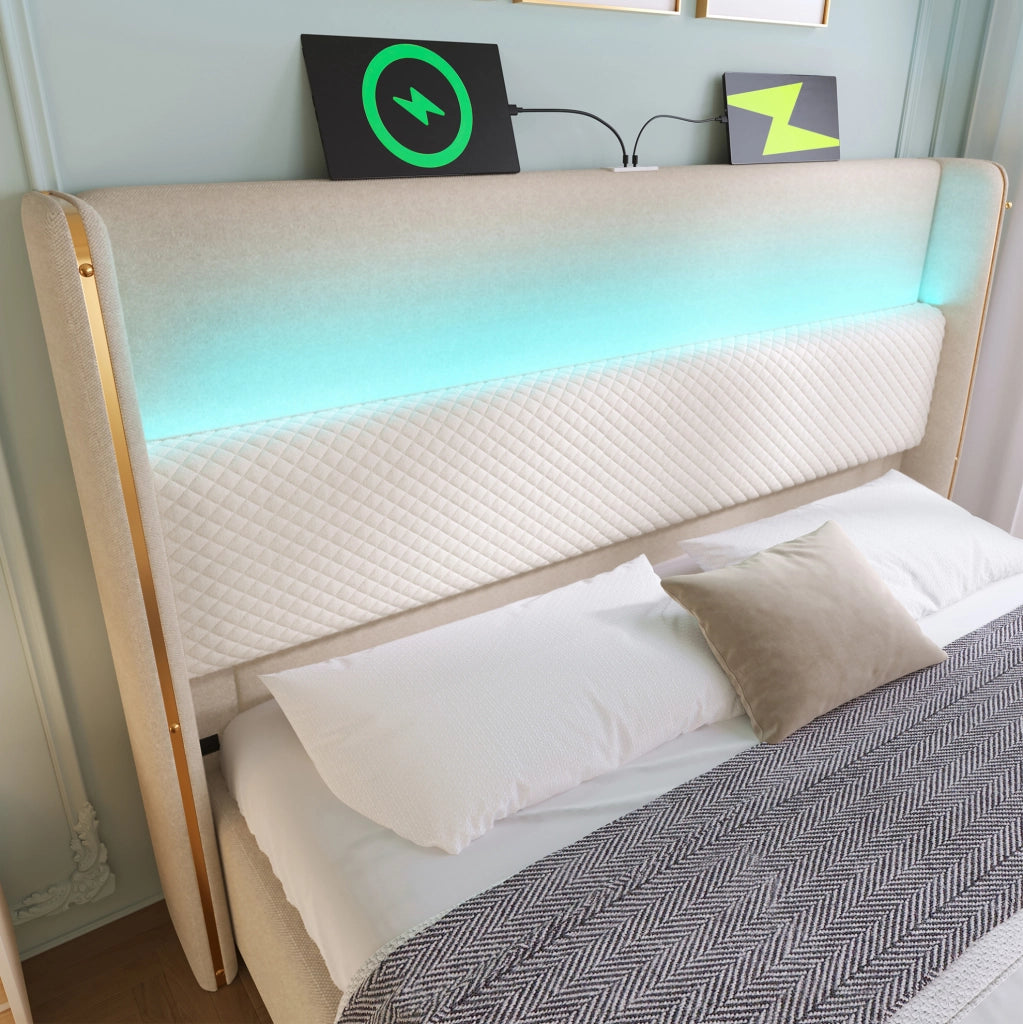 LETTO contenitore 140x200 cm beige con LED e prese USB e Type-C