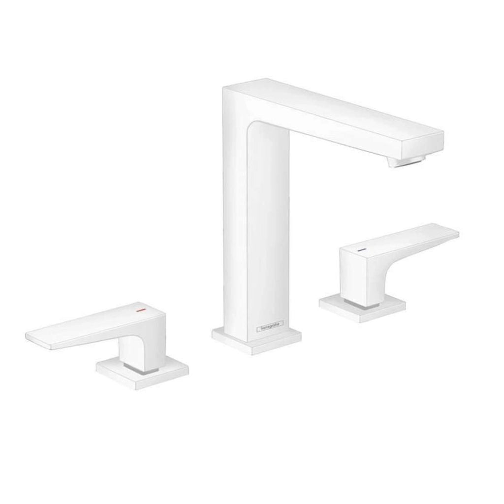 Miscelatore per lavabo a tre fori, modello Metropool 160, finitura bianco opaco, con sistema di scarico a pressione