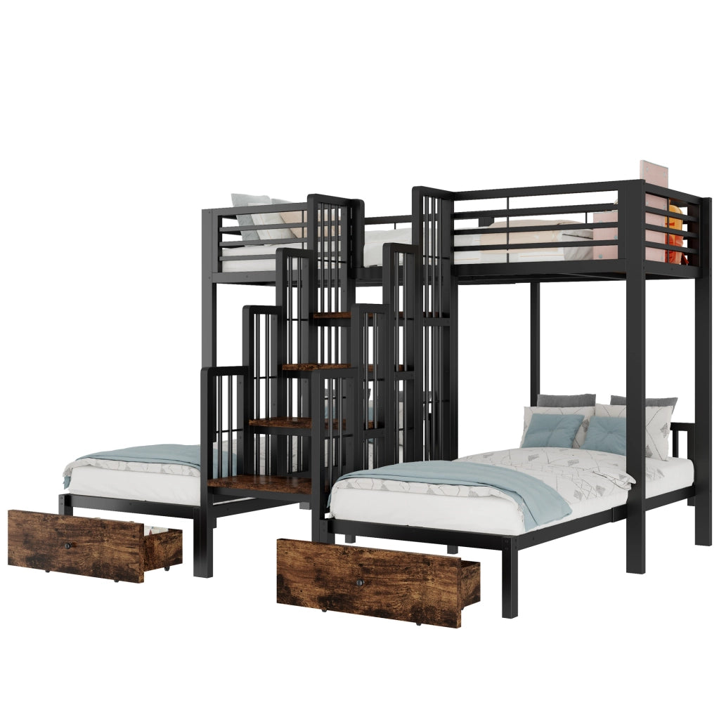 Letto a castello triplo 90 x 200 cm in metallo e legno nero con scala e 2 cassetti