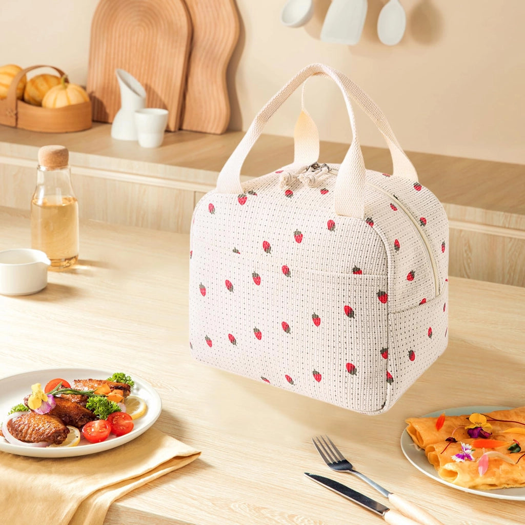 Borsa termica in corda, capacità 7 litri, con motivo fragole, dotata di 2 scomparti