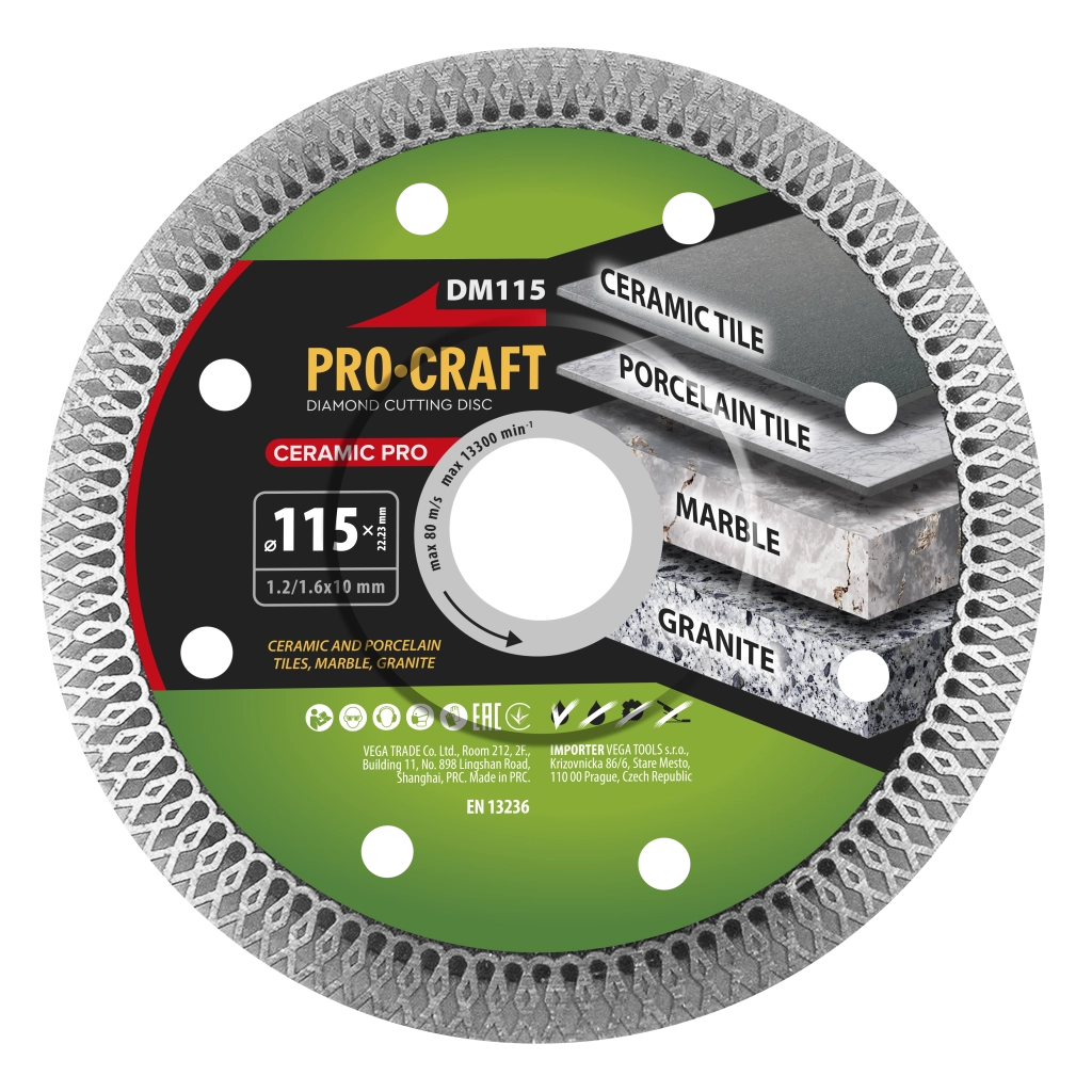 Disco diamantato Ceramic PRO Procraft DM115, Ø 115 mm, spessore 1,2 mm, per taglio a umido