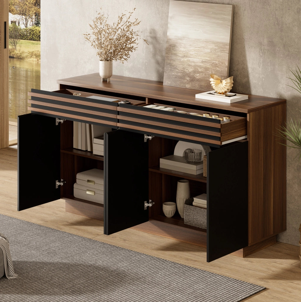 Credenza 150x40x85 cm in MDF marrone e nero con 2 cassetti e 4 ante