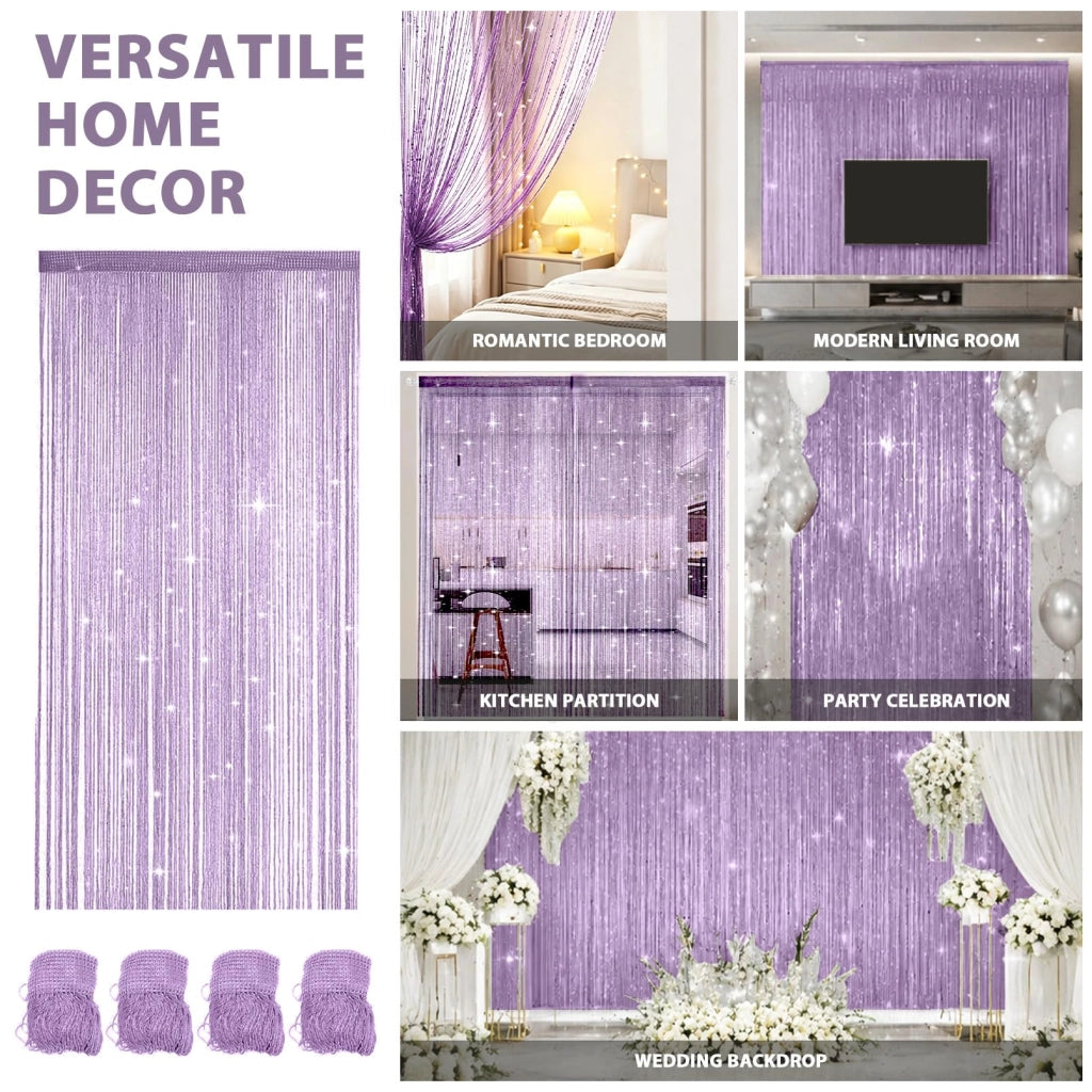 Set di 4 tende a filo, effetto glitter, 100x200 cm, color lilla chiaro
