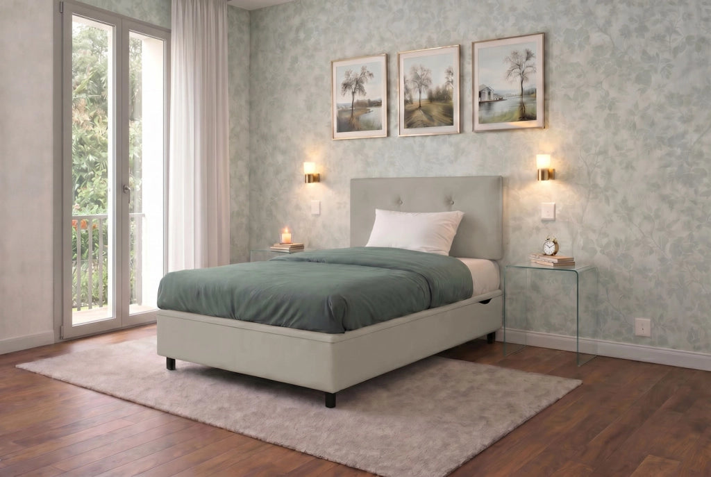 Letto Singolo Contenitore Imbottito 80x200 cm Similpelle Tortora BoxMax Testata Button