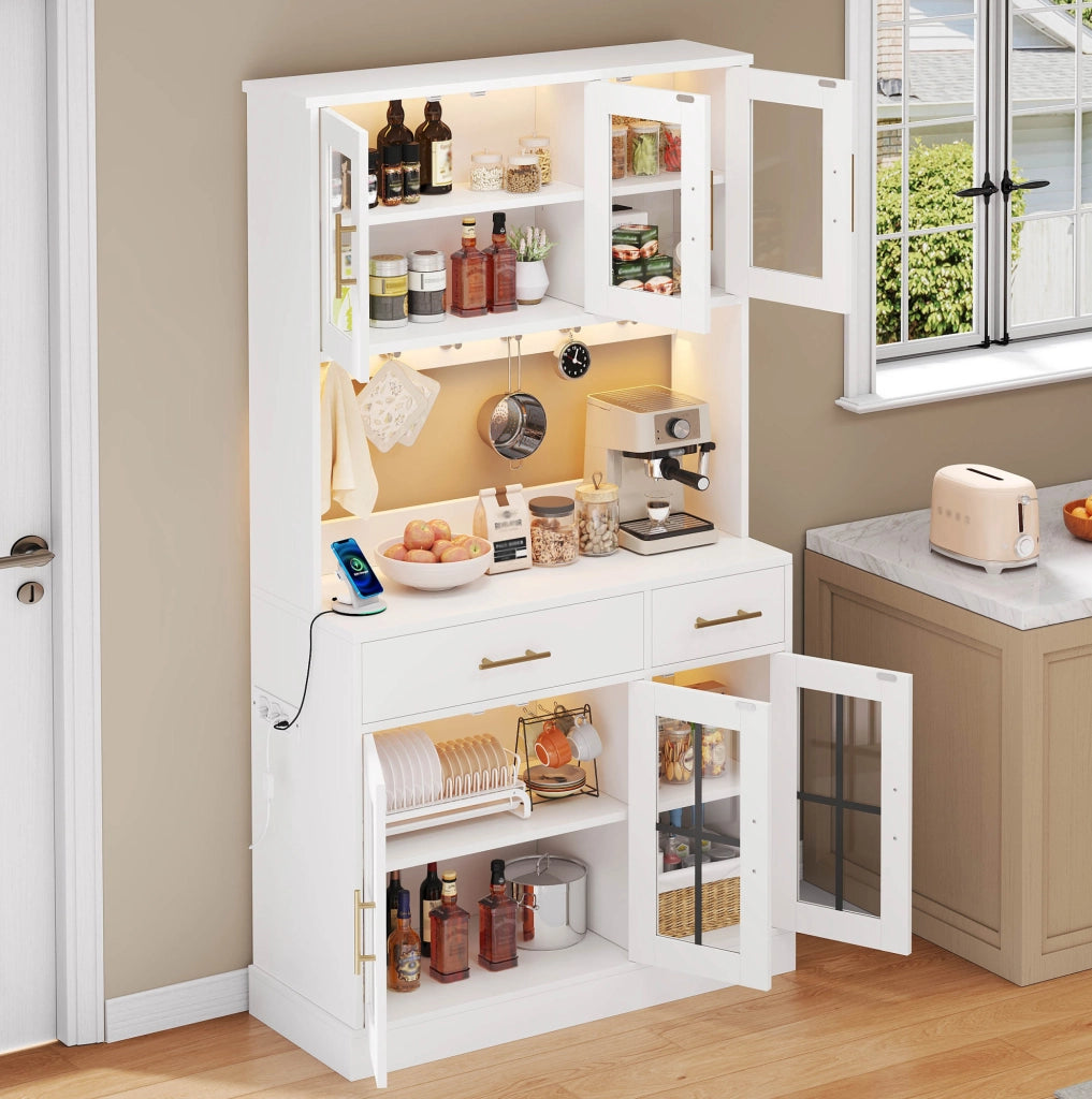Credenza da cucina con 6 ante; 2 cassetti e LED controllati da app; bianca