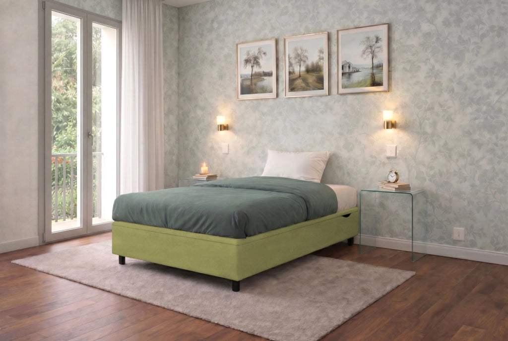Letto Singolo Contenitore Imbottito 80x190 cm Microfibra Tè Verde BoxMax