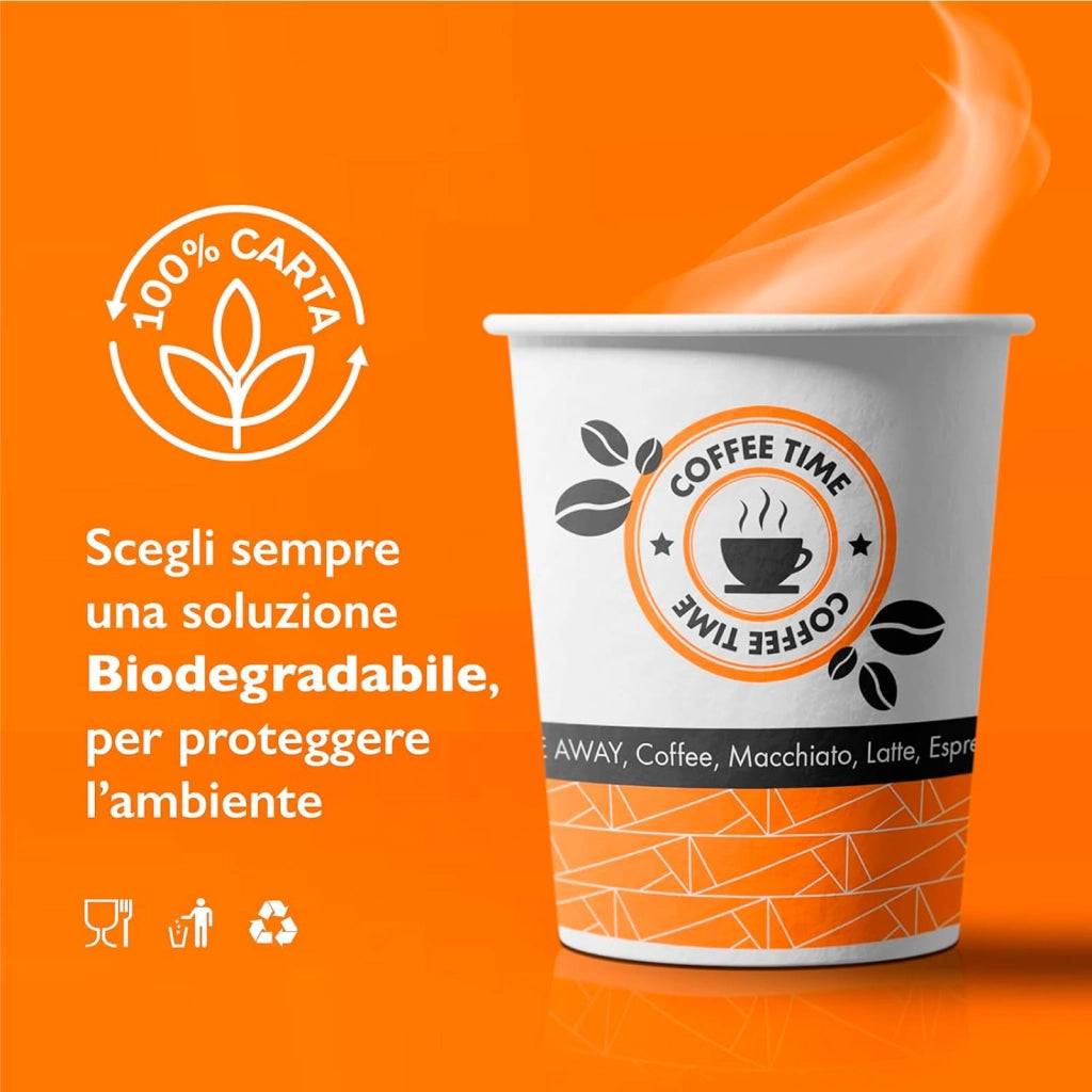 100 bicchieri di carta da 200 ml, biodegradabili + 100 coperchi