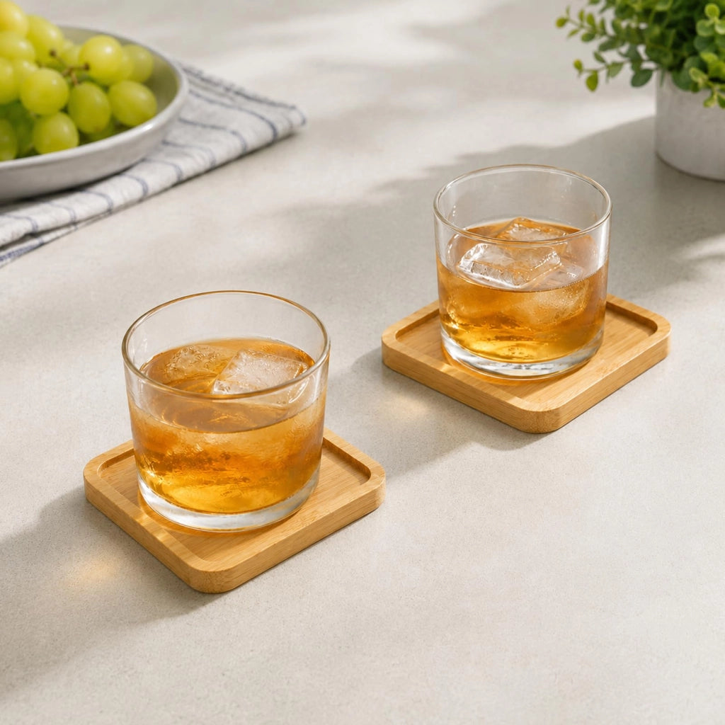 Set di 16 vassoi quadrati in bambù, 9x9 cm, sottobicchieri in legno