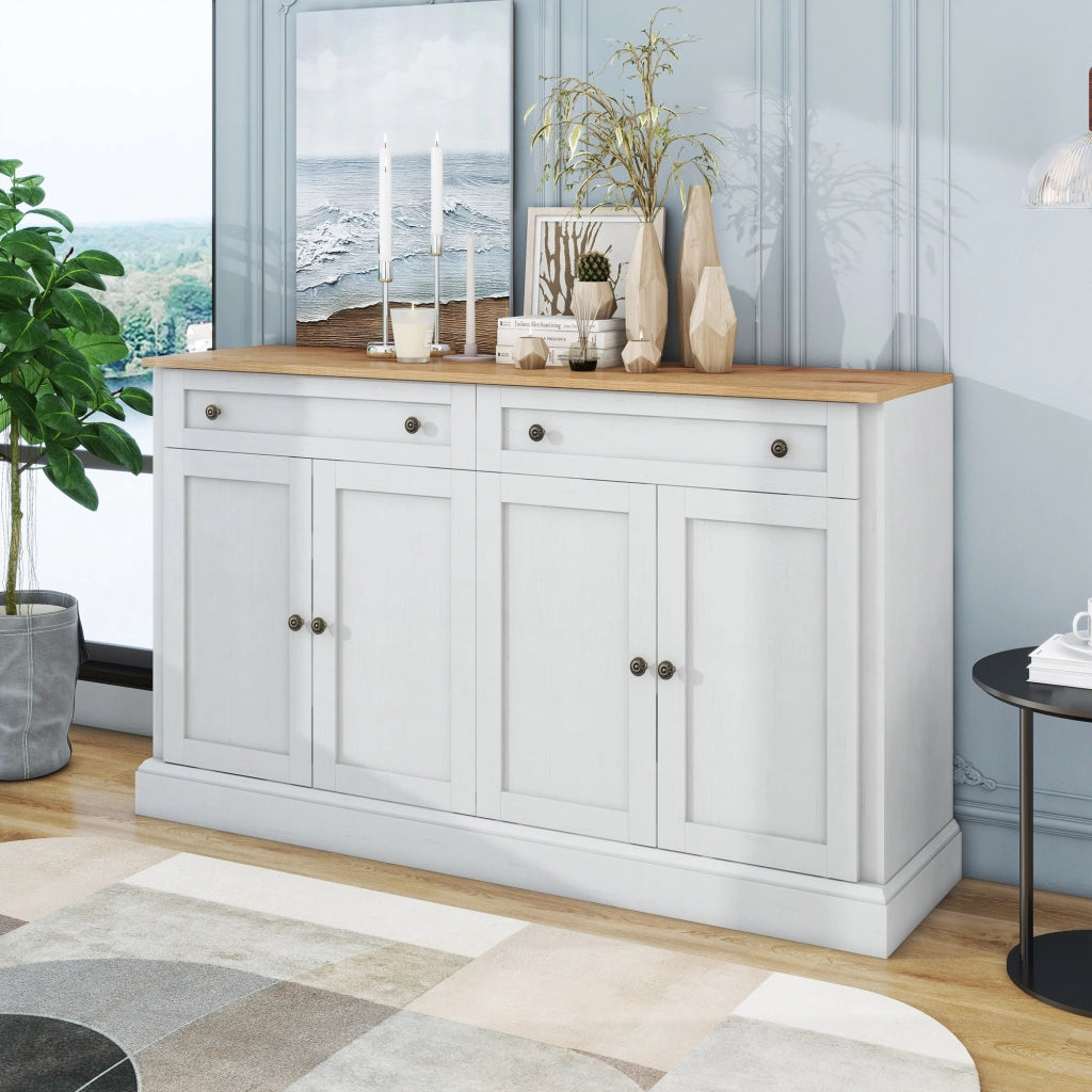 Credenza 150 × 40 × 86 cm con 4 ante 2 cassetti e ripiani regolabili in MDF e truciolato bianco e legno naturale
