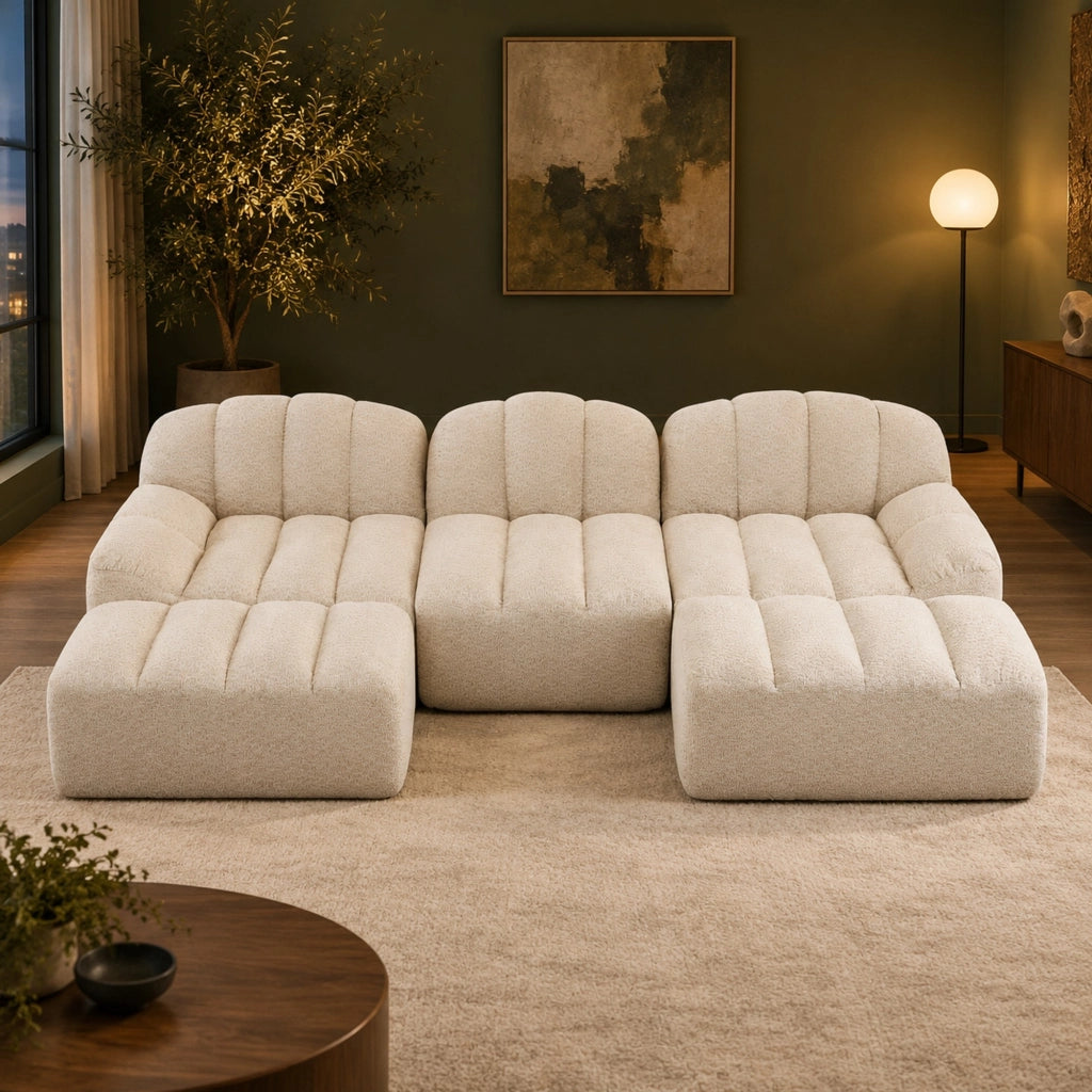 Divano modulare a U 288x165 cm beige in tessuto, 2 pouf, senza montaggio