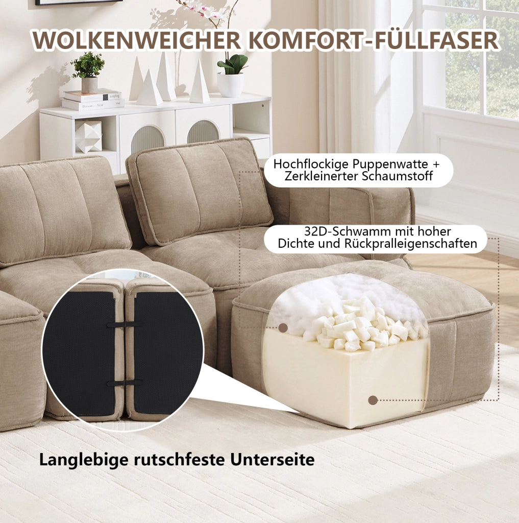 Divano modulare a due posti con pouf color sabbia