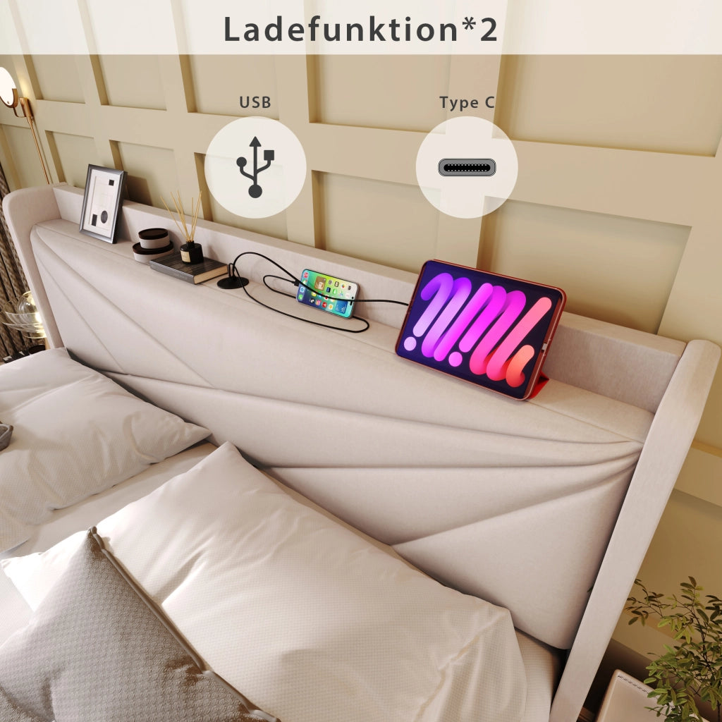 Letto matrimoniale con contenitore 140 ¡Á 200 cm con testiera imbottita USB e Type-C rivestito in cotone e lino beige