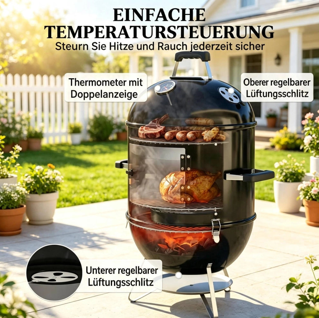 Barbecue affumicatore a carbone nero con 3 griglie e termometro