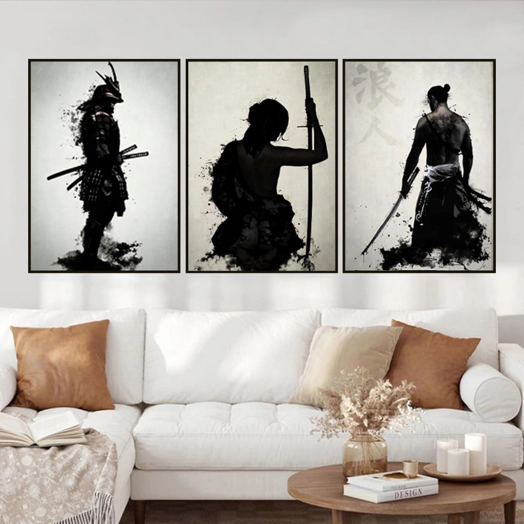 Set di 3 poster su tela a tema samurai, dimensioni 60x90 cm, senza cornice