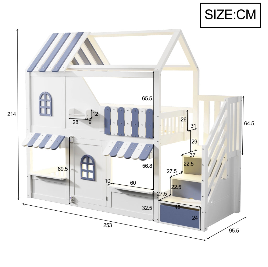 Letto a castello per bambini 90x200 cm con LED; ripiani e scala contenitore; bianco e blu