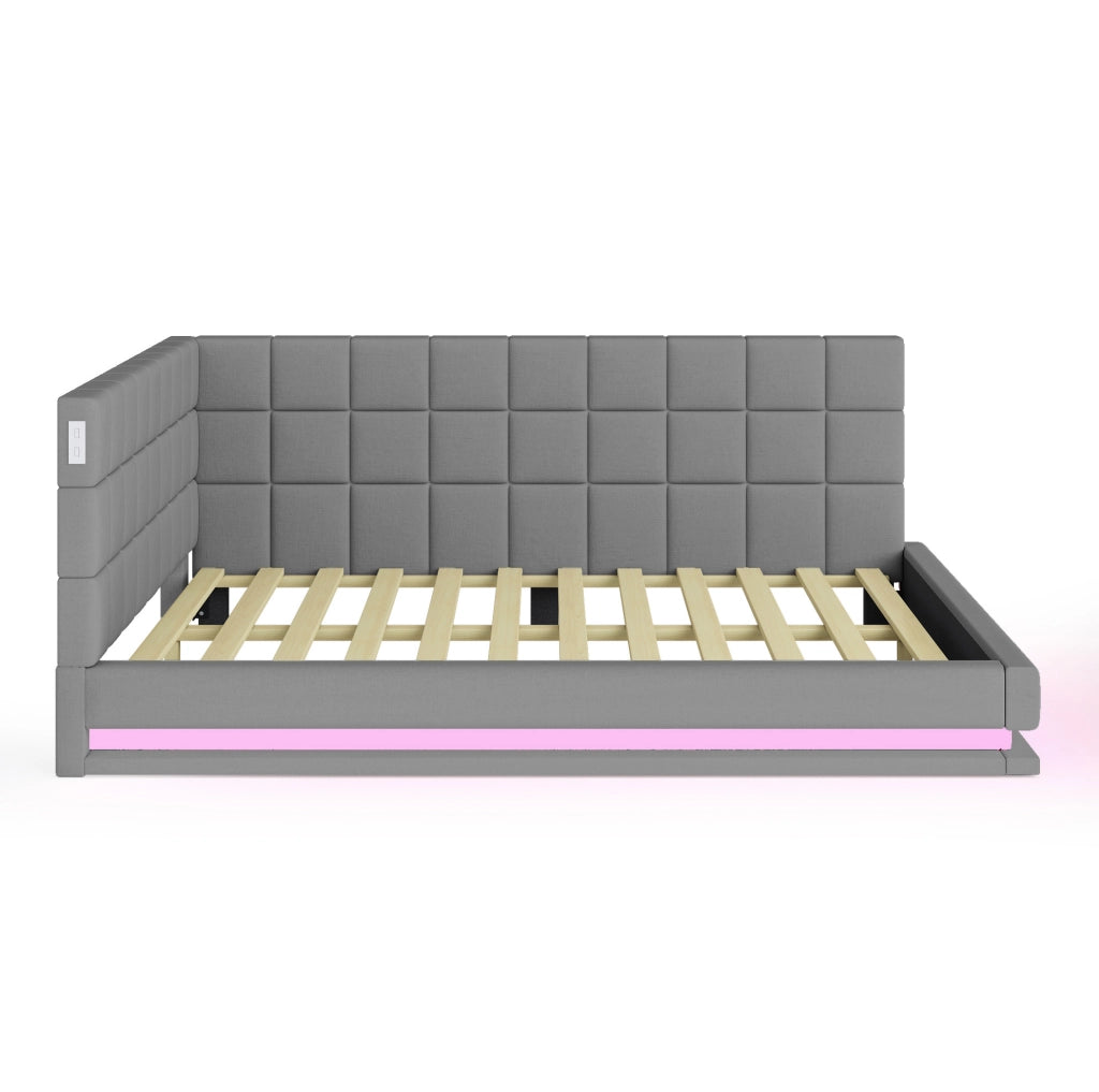 Divano Letto 160x200 in Lino con LED, USB e Rete a Doghe, Grigio