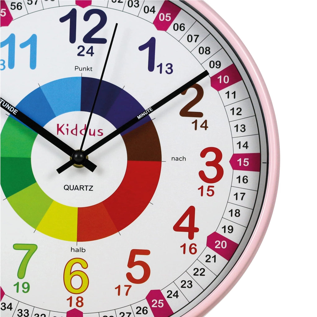 Orologio da parete per bambini, orologio analogico per imparare l'ora, formato XL, rosa, silenzioso