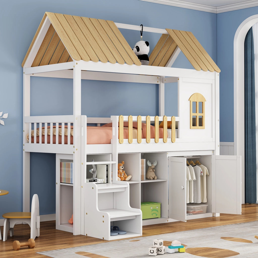 Letto a soppalco per bambini 90 × 200 cm con armadio e ripiani in legno bianco e naturale con finestra
